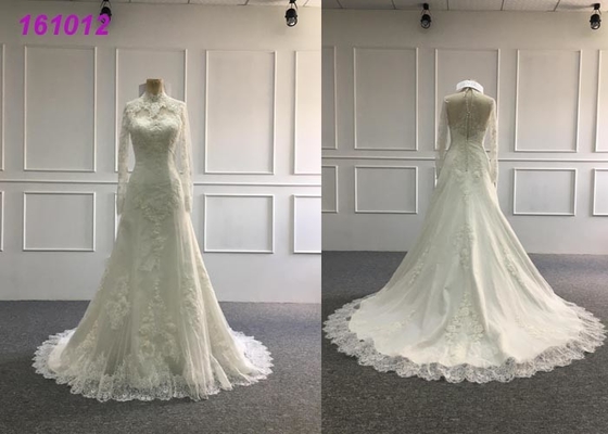 Women High Neckline A Line Ball Gown Wedding Dress Lace Embroidery Decoration