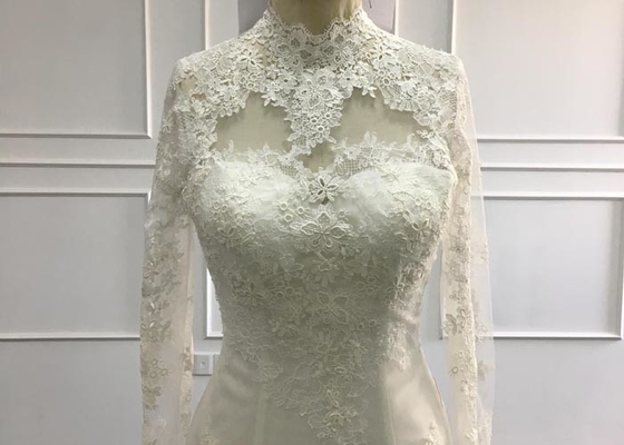 Women High Neckline A Line Ball Gown Wedding Dress Lace Embroidery Decoration