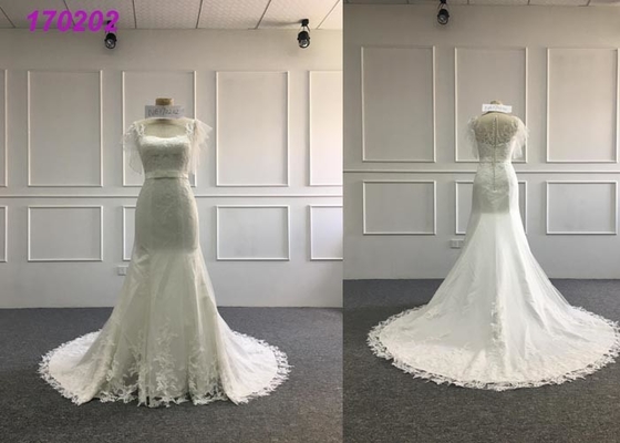 Satin Embroidery A Line Ball Gown Wedding Dress With Lace Taffeta Short Sleeves