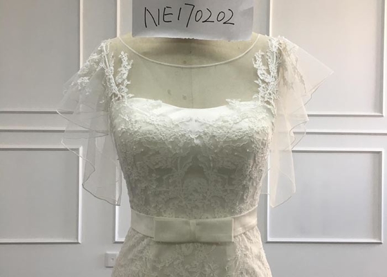 Satin Embroidery A Line Ball Gown Wedding Dress With Lace Taffeta Short Sleeves