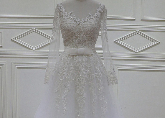 Dropped Waistline Muslin Wedding Dress / Handcraft Lace Applique Wedding Dress