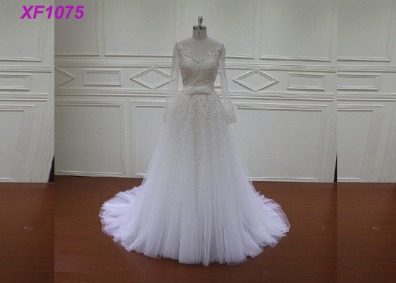 Fallengelassenes Taillen-Musselin-Hochzeits-Kleid/Handcraft Spitze-Applikations-Hochzeits-Kleid