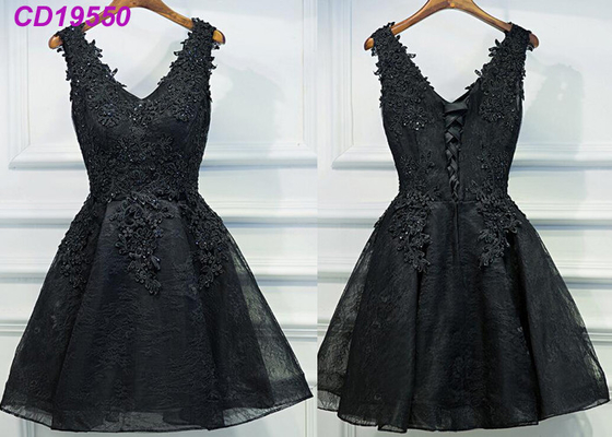 Heimkehr-schwarzes Spitze-Cocktailkleid/Strand-ärmellose kurze Cocktailkleider