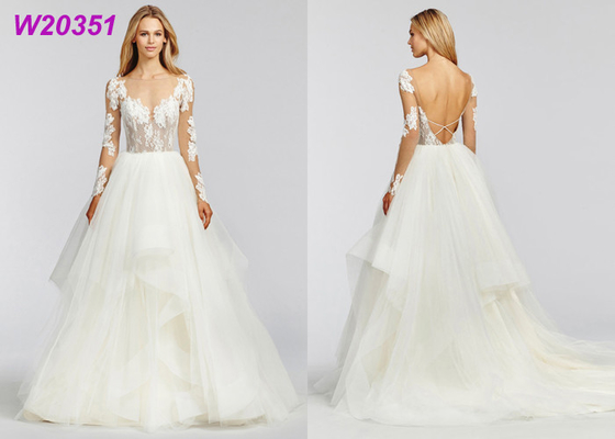 Lange Ärmel-Strand-Braut- Kleider-Tulle-Spitze appliziert Brautkleider-Weiß