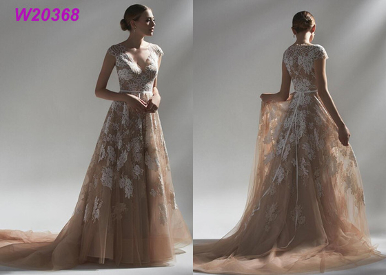 Ball-appliziert multi farbige Hochzeits-Kleider-Brown-Spitze Brautkleiderlange Robe