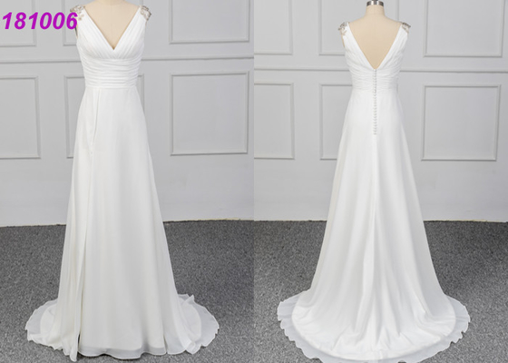 Chiffon- Frauen setzen eine Linie das Ballkleid-Hochzeits-Kleiderkristall-Bördeln ärmellos auf den Strand