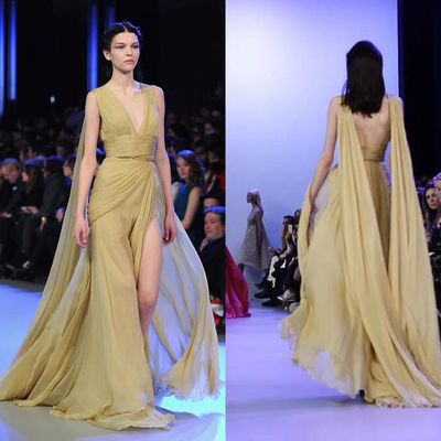 Bewirten tiefes Art-Abend-Kleider V sexy hinteres Hoch aufgeschlitzte lange für Frauen, Chiffon- Kleid festlich