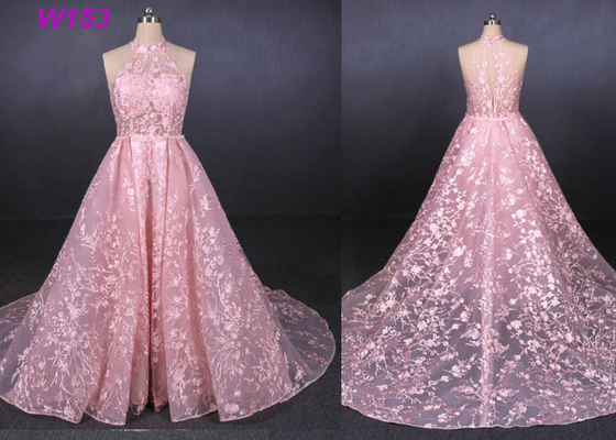 Rosa Halter-rückenfreies ärmelloses Spitze-Hochzeits-Kleiderentfernbares Endstück-Brautkleid
