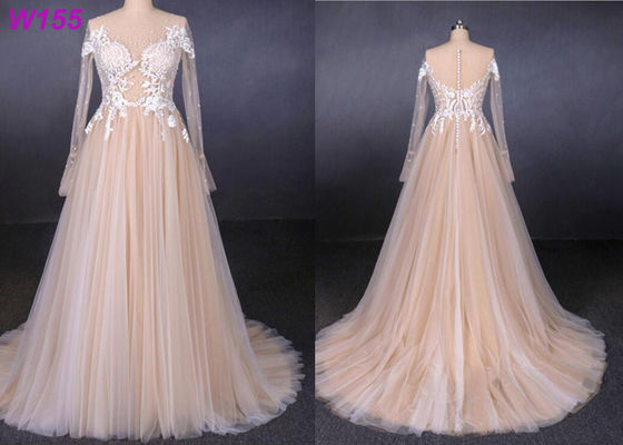 Sehen Sie lang durch Spitze eine Linie weibliches Hochzeits-Kleid Tulles mit dem Perlen-Bördeln