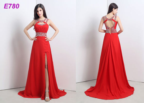 Rot schlitzte das sexy Cocktail-Partykleid auf, das Chiffon- Kleid für Abend-Kleid bördelt
