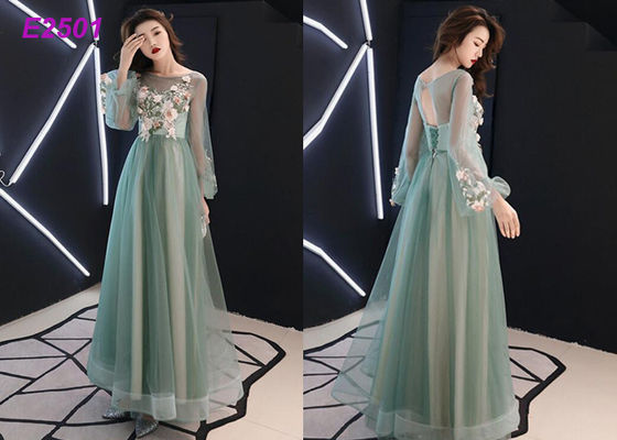 Blumenpartykleid-Grünrosablau färbt langes Hauchärmel-Tulle-Abendkleid