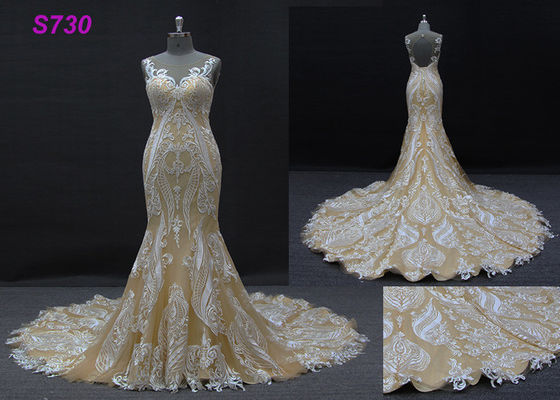 Champagne-Farbärmelloses Hüllenmeerjungfrau-Hochzeitskleiderbrautkleid